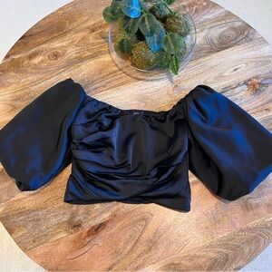 Express satin balloon sleeve off the shoulder crop top